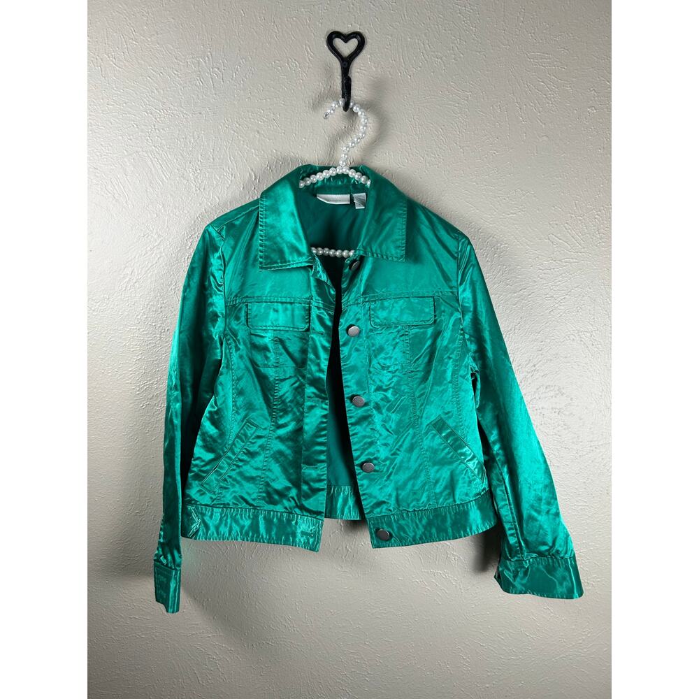 Chicos Size 0 US Small Jacket Metallic Shiny Green Button Front Coat TINY FLAW